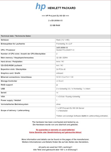 HP ProLiant DL160 G9 Server 2xE5-2658A V3 32 GB RAM 8Bay 2,5
