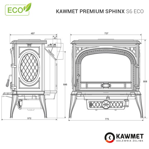 Piec na drewno żeliwny KAWMET Premium SPHINX S6