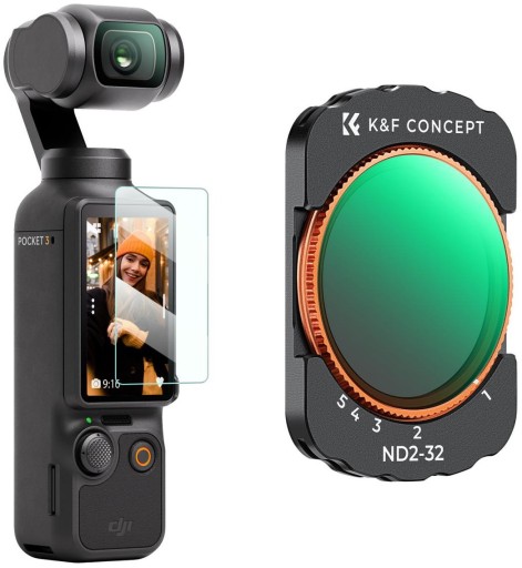 Фильтр ND2-32 для DJI Osmo Pocket 3, серый, регулируемый K&F + закаленное стекло