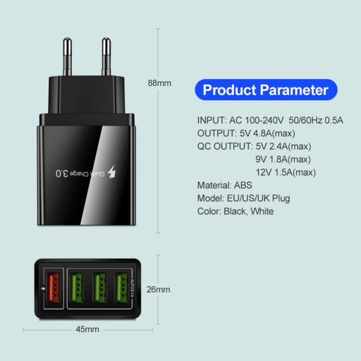 Быстрое зарядное устройство Fast Qc 3.0 с совместимым настенным зарядным устройством со светодиодной подсветкой и USB-концентратором