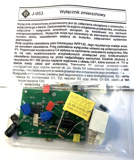 Wyłącznik zmierzchowy z przekaźnikiem 220V do lutowania kit JABel