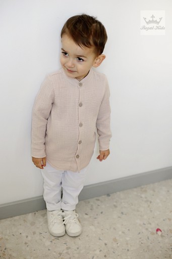 Koszula Muślinowa Chłopięca bawełniana BEŻOWA Royal Kids 140 146 długi r.