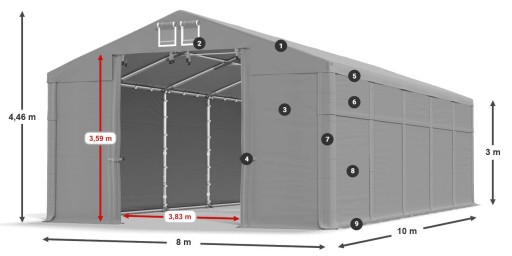 Палатка для хранения из оцинкованной стали 8x10 м [3 м] DAS 560 Вт