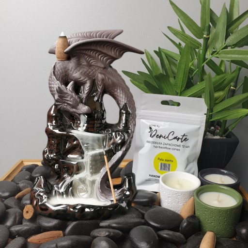 Kominek Zapachowy Ceramiczny Backflow Smok 19 cm + Kadzidełka 12 szt