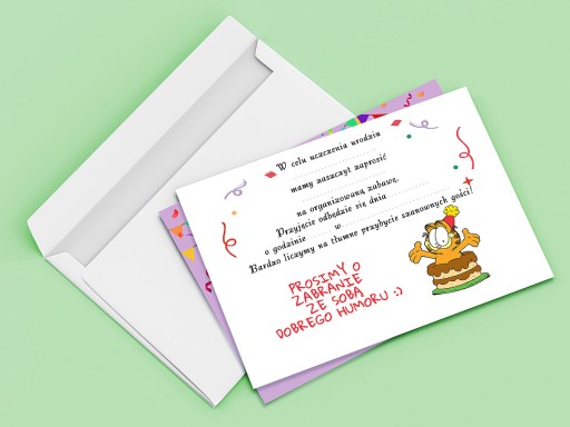 ZAPROSZENIE GARFIELD NA URODZINY DZIECKA + KOPERTA GRATIS JAKOŚĆ