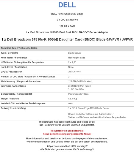 DELL PowerEdge M630 Blade 2xE5-2670 V3, 128 ГБ ОЗУ.