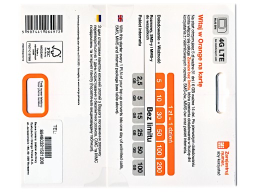 Стартер ORANGE Free b.l. 5 злотых + 6 ГБ [10 шт.]