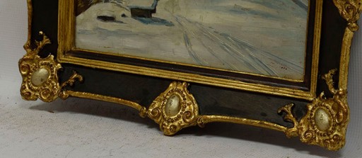 Старая картина Горный зимний пейзаж, подпись Масло 44x35см