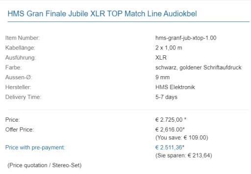 KABEL XLR HMS Gran Finale Jubilee XLR 1m , (cena nowego 2500Euro!) RATY !