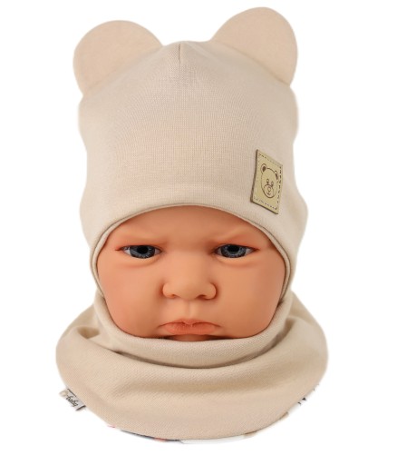 KOMPLET CZAPKA + APASZKA DWUSTRONNA 42-44 WIOSNA / JESIEŃ BEIGE 6m+