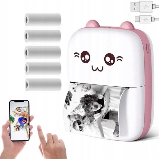 МИНИ-ТЕРМОПРИНТЕР DRUKUŚ CAT ДЛЯ ФОТОГРАФИЙ + 11 РОЛИКОВ РОЗОВЫЙ