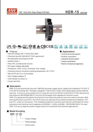 Zasilacz DIN 12V 1,25A 15W MEAN WELL HDR-15-12