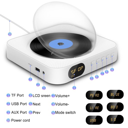 Przenośny odtwarzacz CD z Bluetoothem Podwójne głośniki Hi-Fi AUX i USB