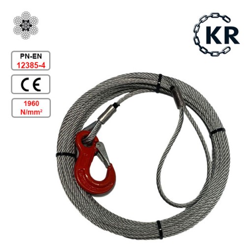 Стальной трос с петлей и крюком - 6 мм х 22,5 м, 2,60 т.