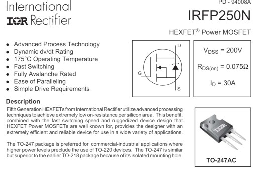 [2 шт.] IRFP250N N-MOSFET транзистор 30А 200В 150Вт TO247AC IR