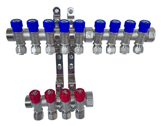 РАСПРЕДЕЛИТЕЛЬ X-HOME PEX 1” x 16 мм 9 КОНТУРОВ ХОЛОДНОЙ ВОДЫ 4 КОНТУРА ГОРЯЧЕЙ ВОДЫ
