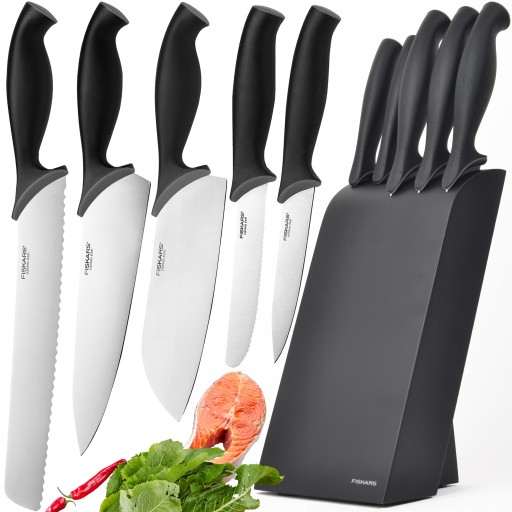 НАБОР ИЗ 5 НОЖЕЙ FISKARS КУХОННЫЕ НОЖИ В БЛКЕ ТОЧИЛКА ЧИЛИЗЕР