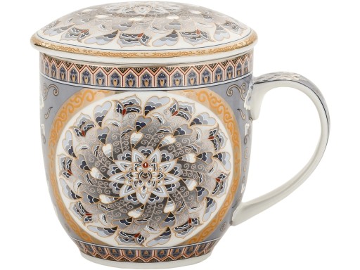 Porcelanowy Kubek 320 ml z Pokrywką i Zaparzaczem - KOLOROWA MANDALA
