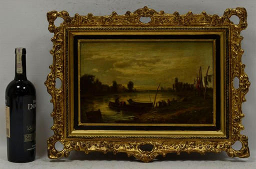 1876 ​​Старая картина Пейзаж с заливом и прачками, вывеска КПД Масло 53х39