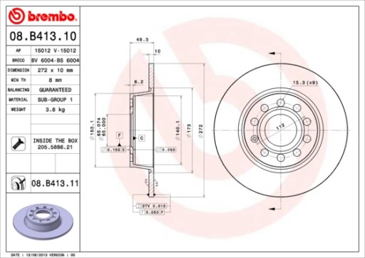 Задний диск BREMBO GOLF ALTRACK, GOLF VII 272 мм