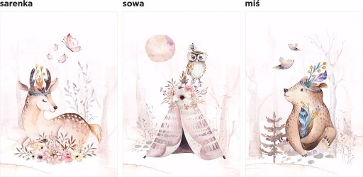 Zestaw 3 plakaty sarenka miś boho róż wzory 50x70