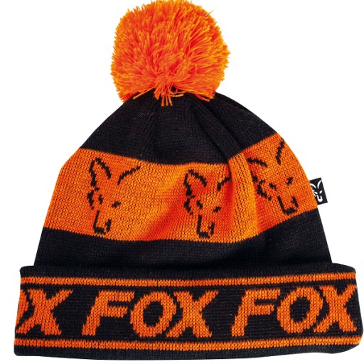 FOX Черный/Оранжевый - Шапка с помпоном на подкладке