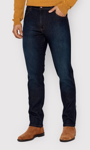 Wrangler TEXAS SLIM Lucky Star EPIC SOFT granatowe spodnie jeansowe W42 L30