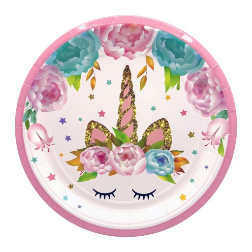 TALERZYKI papierowe 18cm JEDNOROŻEC RÓŻOWY UNICORN KWIATY 6 sztuk