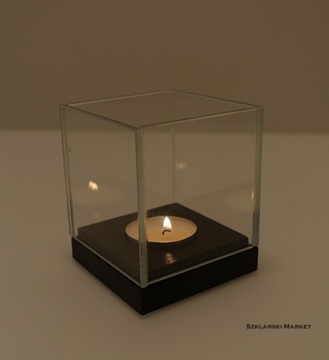 Świecznik szklany szkło OptiWhite na tealight spód drewno brąz pojedynczy