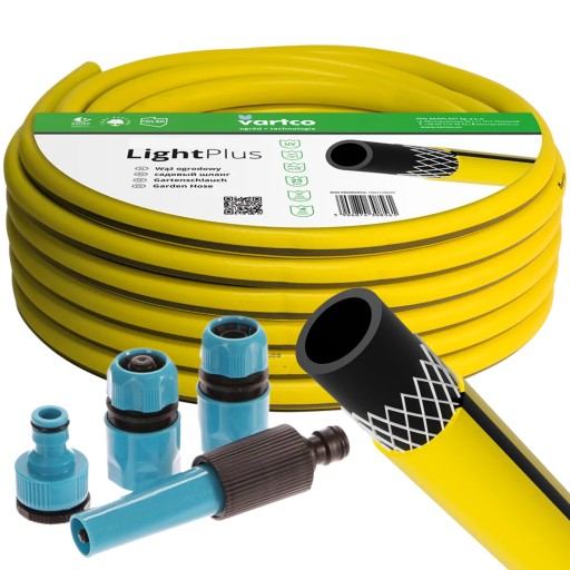 САДОВЫЙ ШЛАНГ VARTCO 3/4 ДЮЙМА 50MB LIGHT PLUS + НАБОР ФИТИНГОВ ПОЛИРОВКА