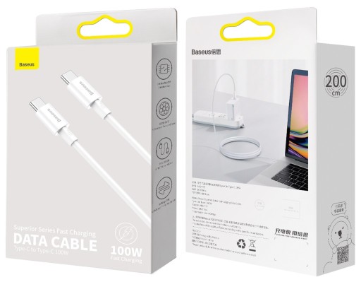 Кабель Baseus USB type C - USB type C, 2 м, белый