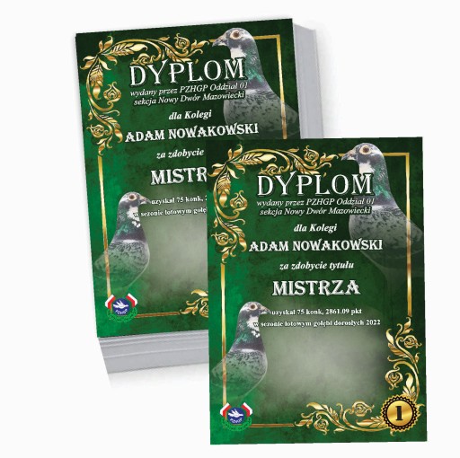 Dyplomy hodowcy gołębi loty + gratis