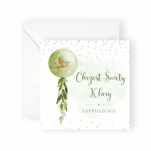 ZAPROSZENIA NA CHRZEST + IMIĘ + KOPERTA DELIKATNE ZIELONY BALONIK