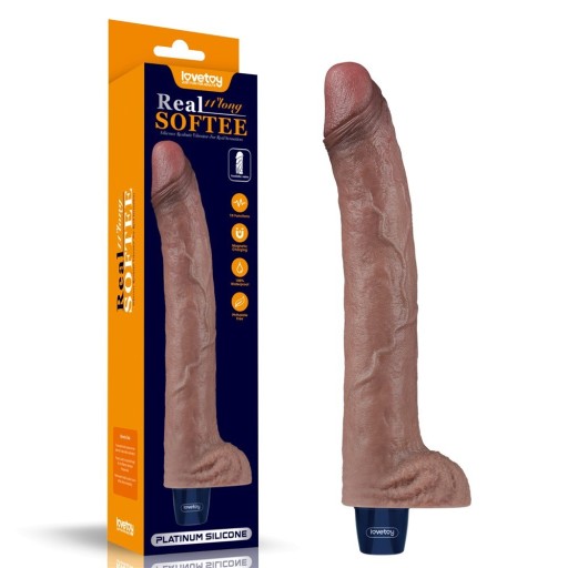 БОЛЬШОЙ ПЛАТИНОВЫЙ ПЕНИС XXL С ЯИЧНИКАМИ Real Softee Вибратор 27,5 см С ВИБРАЦИЯМИ