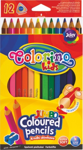 GRUBE KREDKI TRÓJKĄTNE ołówkowe COLORINO Jumbo 12 kolorów + temperówka