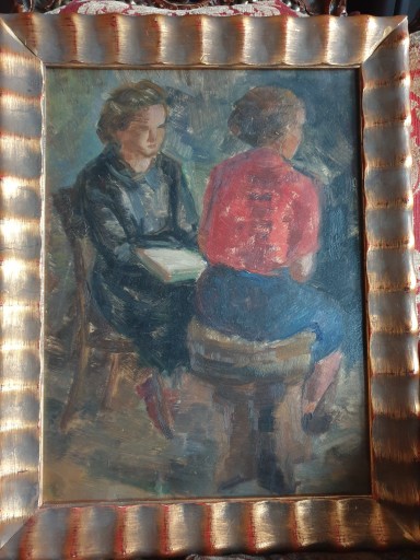 Старая, ценная, интересная, хорошая картина, написанная маслом, — портрет читающей женщины в золотой раме