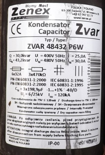 силовой конденсатор zenex zvar 48432 P6W 30 квар 400В 3p 43квар 480В