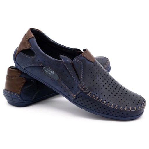 Buty męskie mokasyny skórzane na lato ażurowe POLSKIE 901 ciemny granat 40