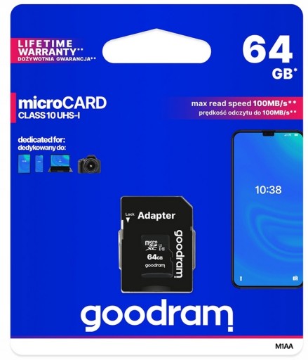 КАРТА ПАМЯТИ MICRO SD SDXC GOODRAM 64 ГБ КЛАСС 10 UHS-I + АДАПТЕР SD