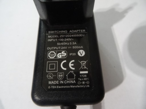 Zasilacz E-TEK Switching Adapter ZD12D240050EU 24V 500mA do Odkurzacza