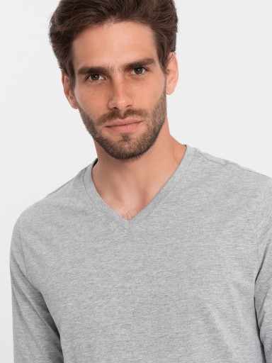 Мужская футболка с длинным рукавом без принта V-NECK серая меланжевая V7 OM-LSBL-0108 M