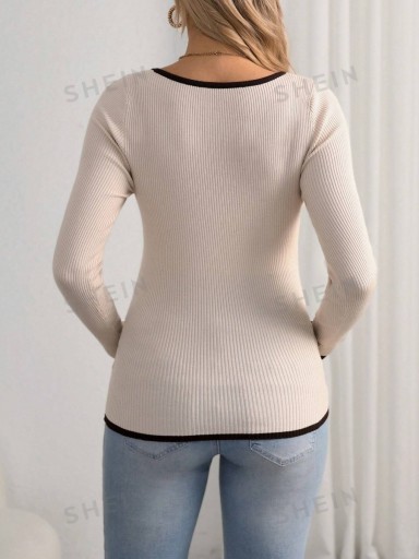 SHEIN MATERNITY SWETER BEŻOWY PRĄŻKOWANY DOPASOANY L 326