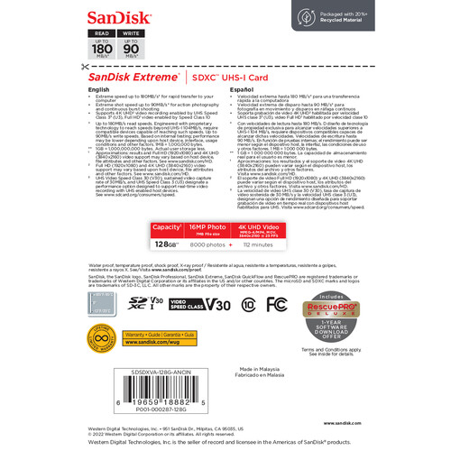 SANDISK EXTREME SDXC 128 ГБ 180/90 МБ/с A2