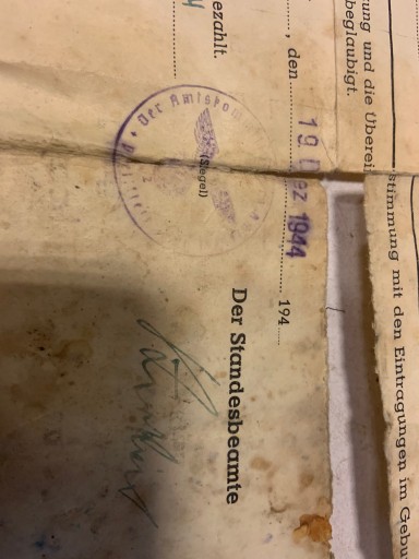 ДОКУМЕНТ ПАЯЧНО ПОД ВЕЛЮНЬЮ ВЫДЕРЖКА ИЗ СВИДЕТЕЛЬСТВА О РОЖДЕНИИ 1944 ГОДА