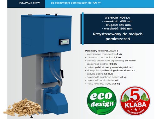 Pellpal -котло 8 кВт Slim Pellet Subsidy до 9000 PLN увеличил стандарт A+