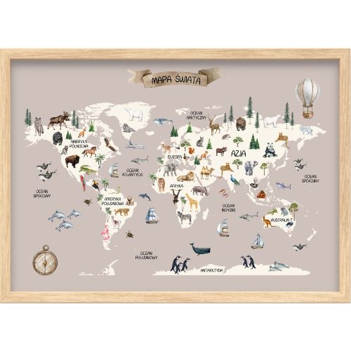 PLAKAT DZIECIĘCY EDUKACYJNY MAPA ŚWIATA ZE ZWIERZĘTAMI ZWIERZĘTA 21x30 A4