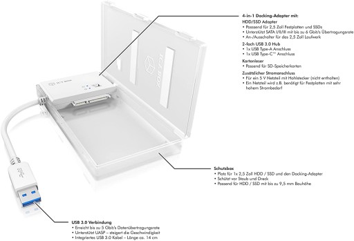 Icy Box IB-DK404 2,5-дюймовый жесткий диск/твердотельный диск USB 3.0 + корпус SD