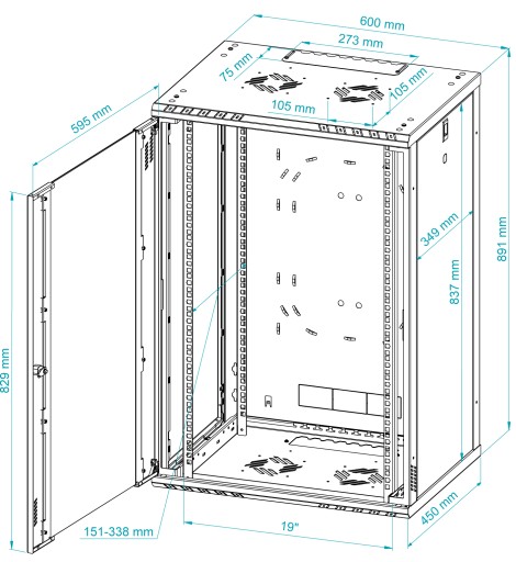 Подвесной серверный шкаф RACK 19 дюймов, 18U, 450 мм, стеклянная дверь, серый Stalflex