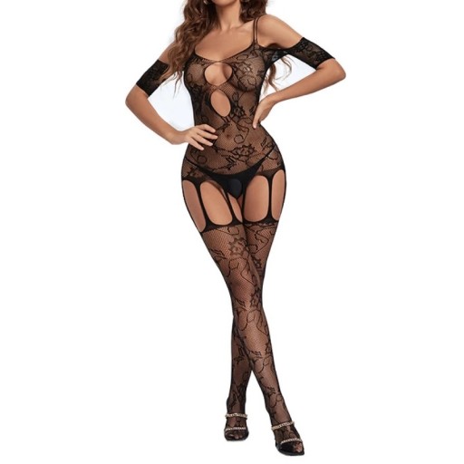 BO133 CZARNE BODYSTOCKING SEXI kabaretka DZIURY rękawy OTWARTY KROK długie