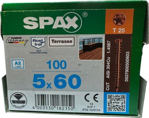 ВИНТЫ SPAX ДЛЯ НАСТОЛЬНЫХ ДОСОК 5X60MM TX A2 100ШТ.